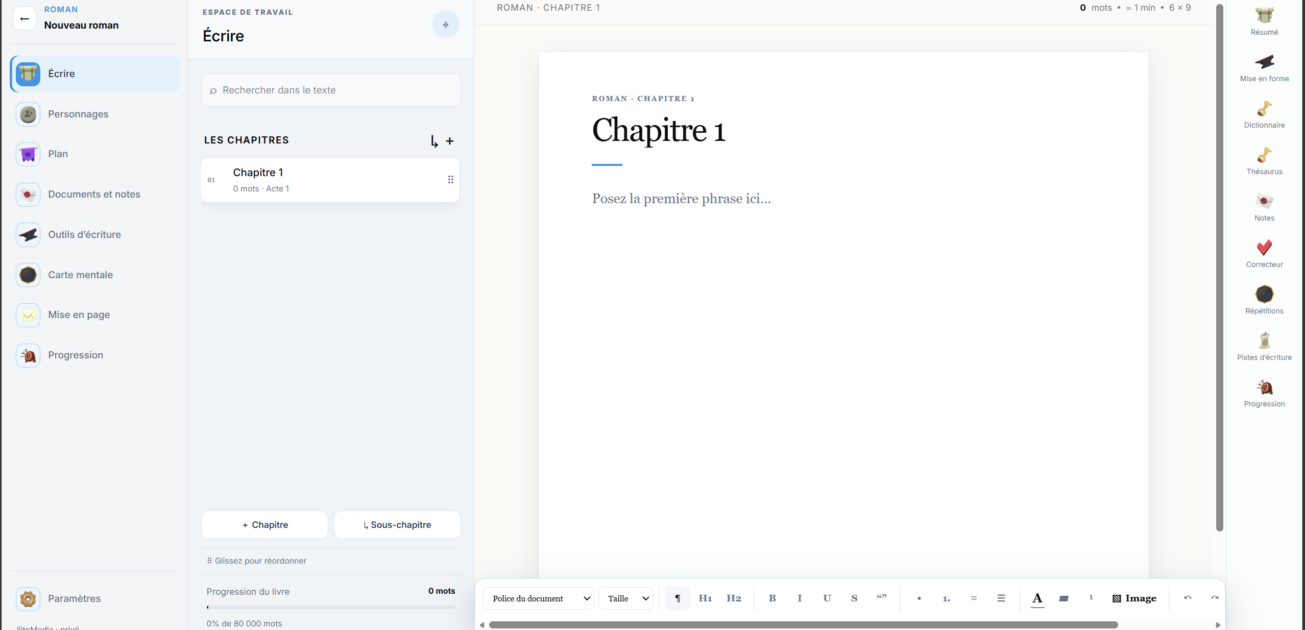 Éditeur liitoCompo avec chapitres, outils et page de manuscrit