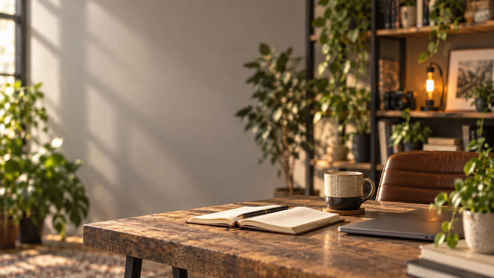 Carnet ouvert et café sur une table en bois