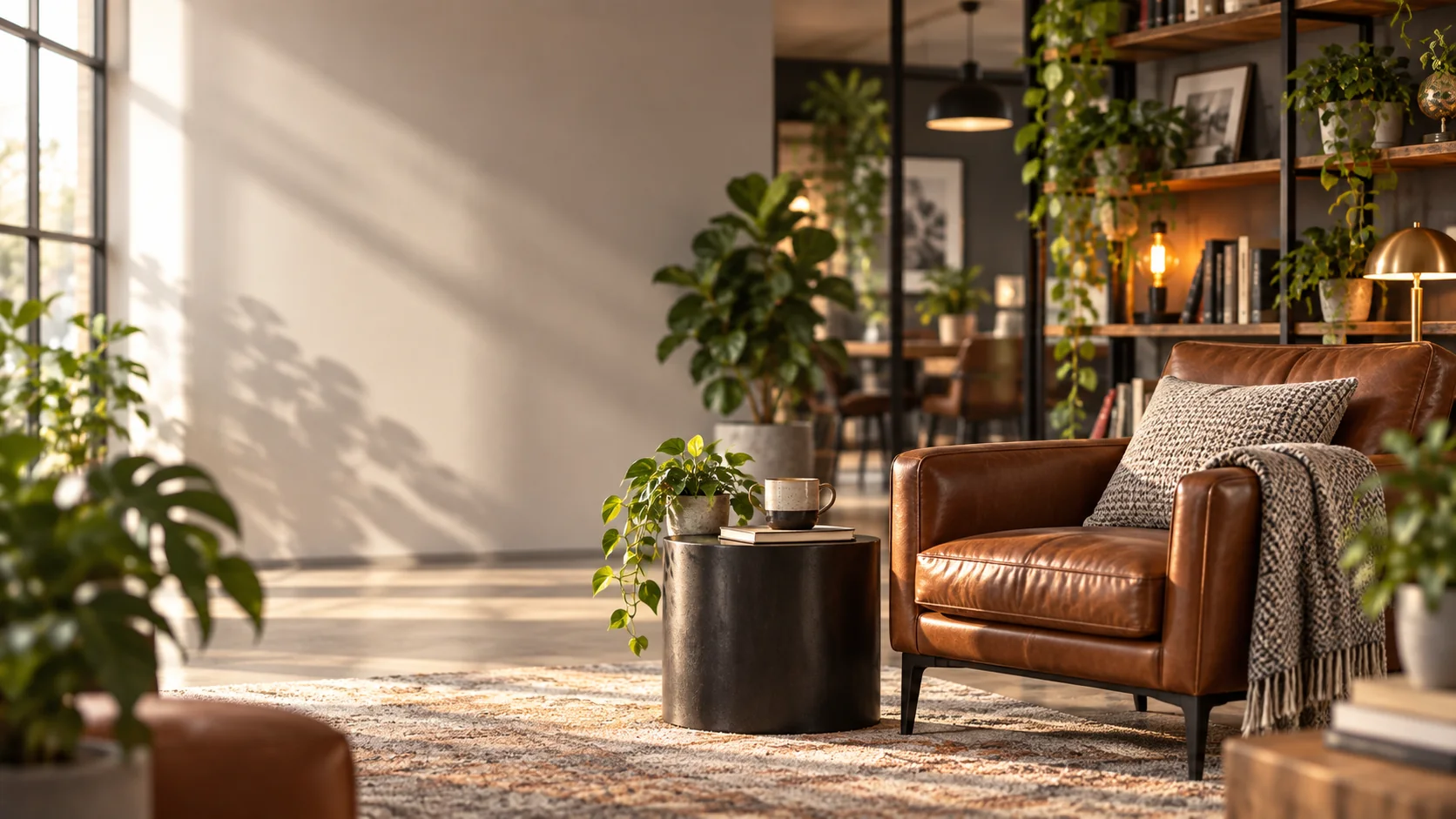 Fauteuil en cuir dans un espace lumineux et végétalisé
